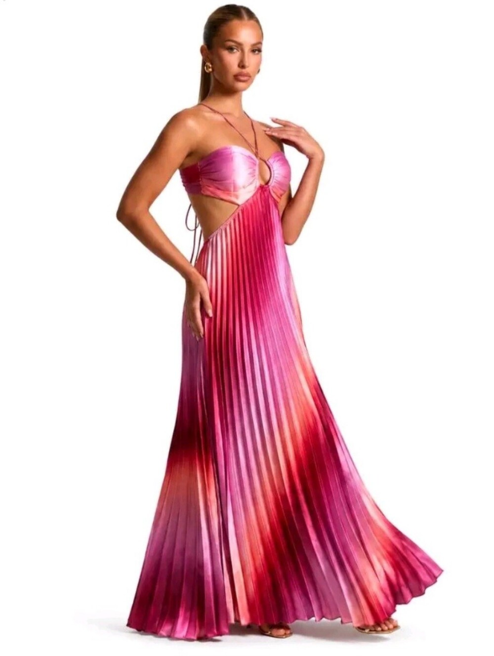 Satin Pink Ombre Pleated Cutout Maxi Dress